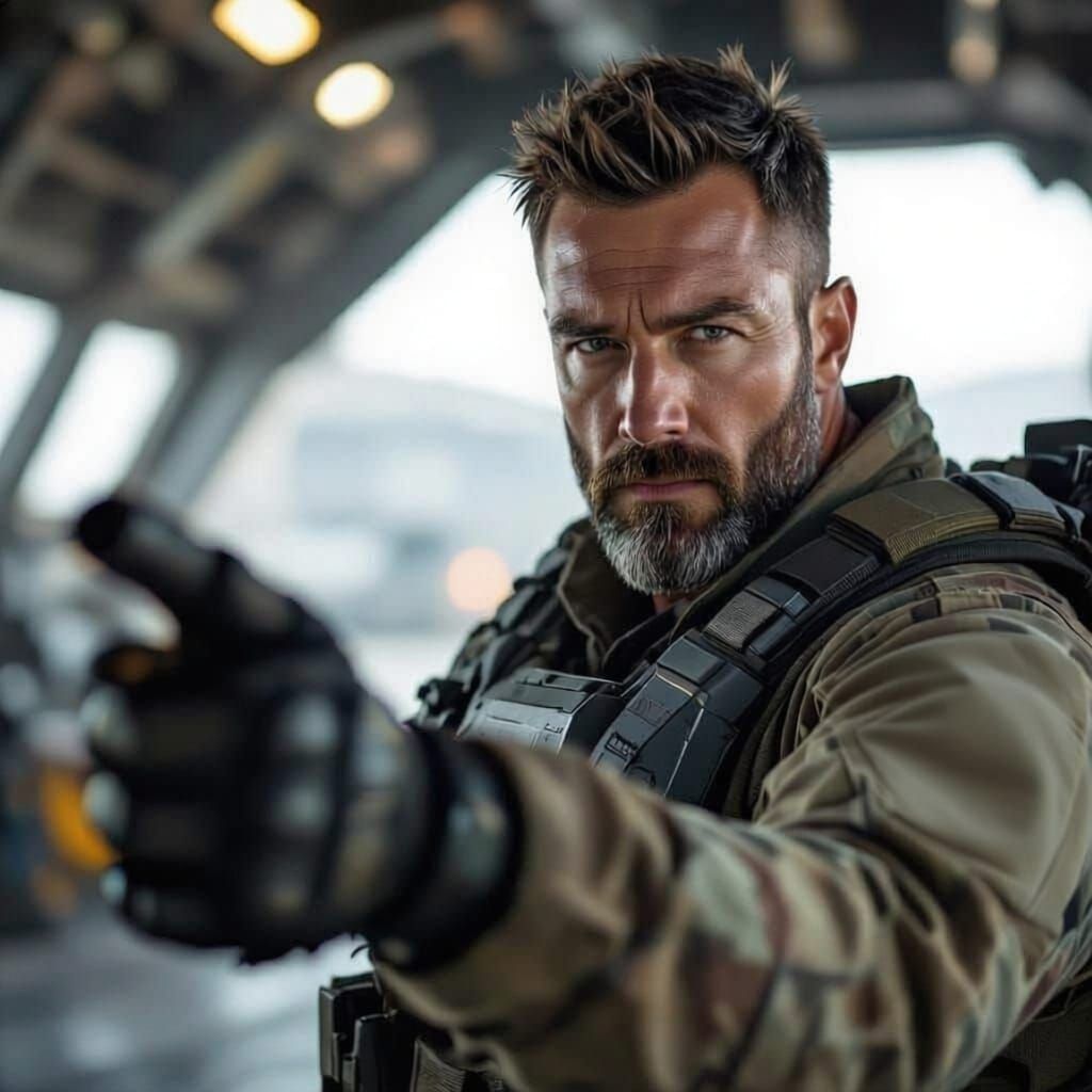 Rugged Lancer Mech Pilot in Spaceship Hangar, Photorealistic...