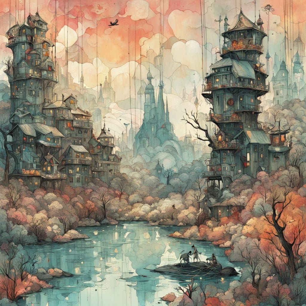 Neon Sunset Over Winter Landscape With Melting Clouds