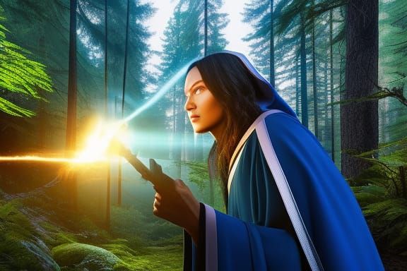 Mystic Wizard Opens Forest Portal: Photorealistic Render