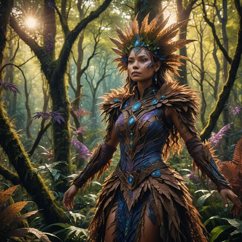 Woman in Grass Costume in Lush Forest: Digital Painting