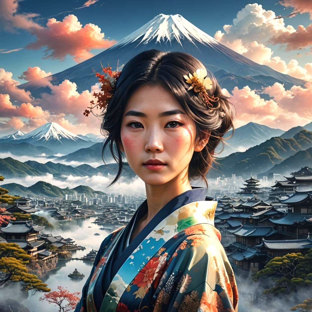 Japanese Woman Double Exposure with Mount Fuji