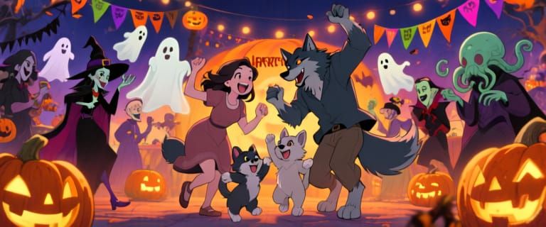 Werewolf Family Celebrates at Vibrant Anime Harvest Festival