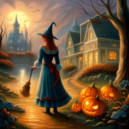 Auburn-Haired Witch in Country Shop with Pumpkins