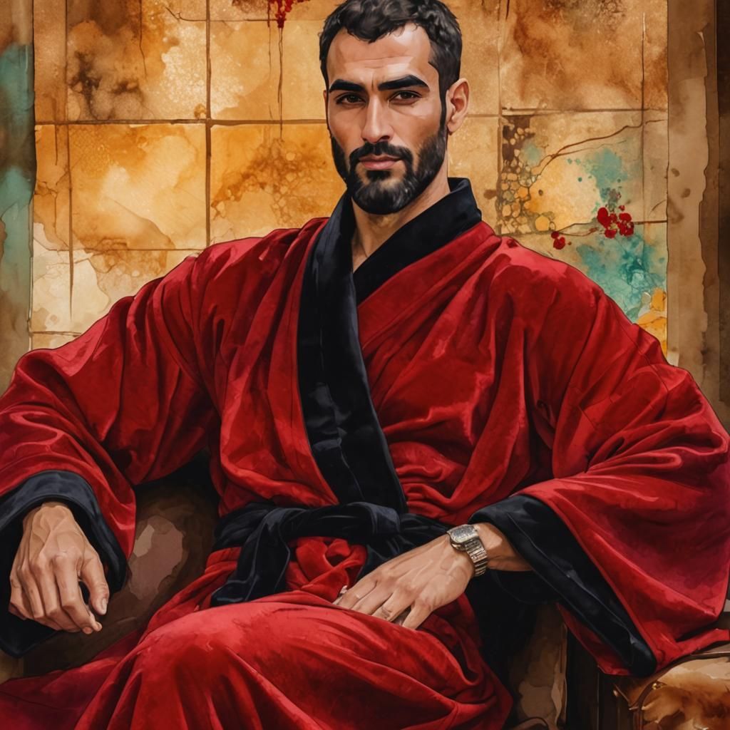 Handsome Man in Red Velvet Bathrobe, Alcohol Ink Art