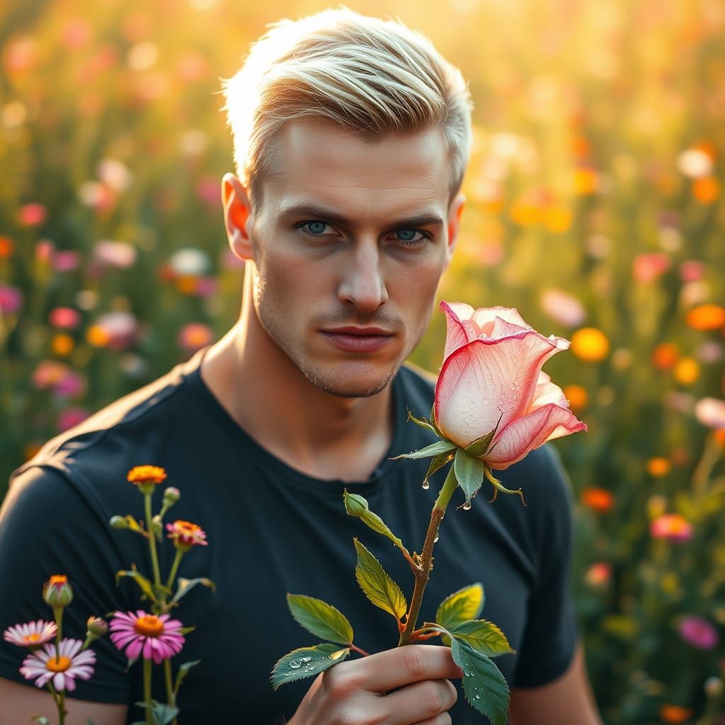 Chiseled Blonde Man in a Dew-Kissed Field of Wildflowers
