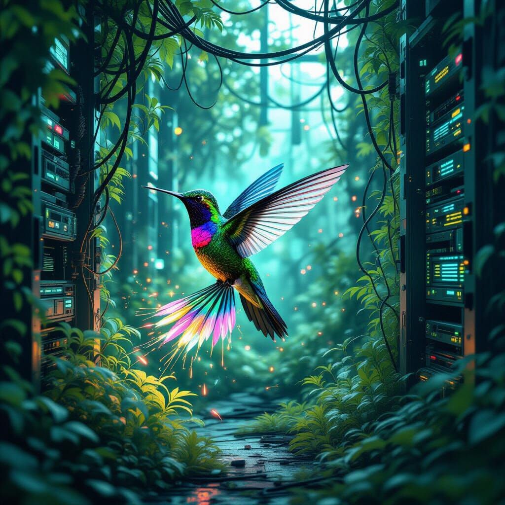 Bioluminescent Hummingbird in Digital Garden, Futuristic Sur...