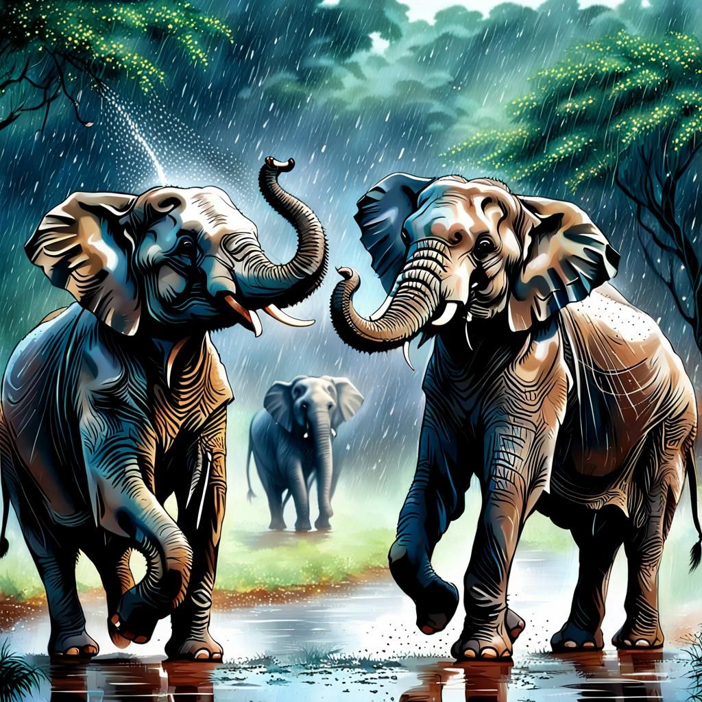 Elephants Dancing in the Rain