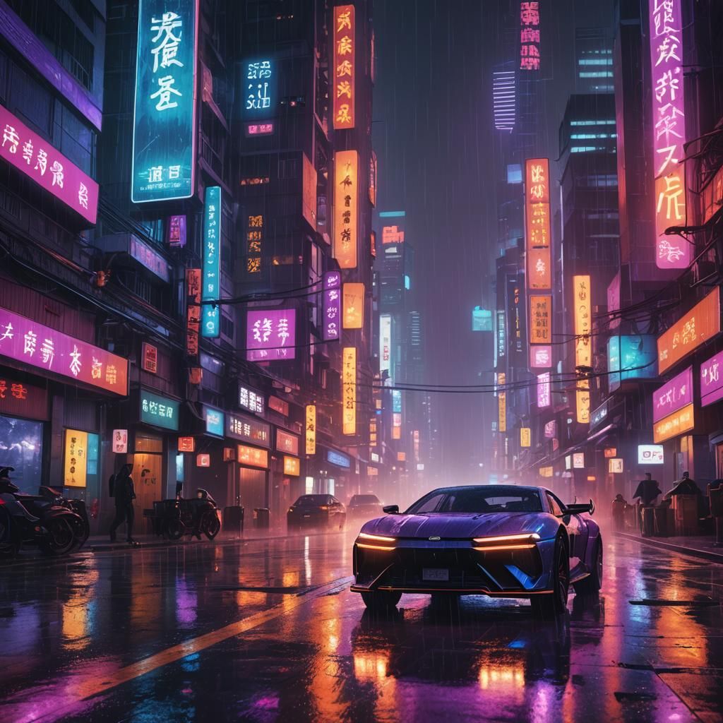 Futuristic Car Speeds Through Cyberpunk China