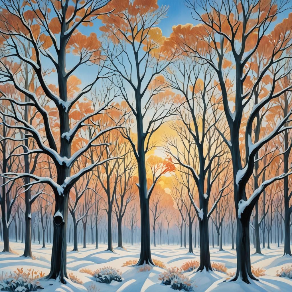 Expressionist Winter Landscape with Sunset Hues