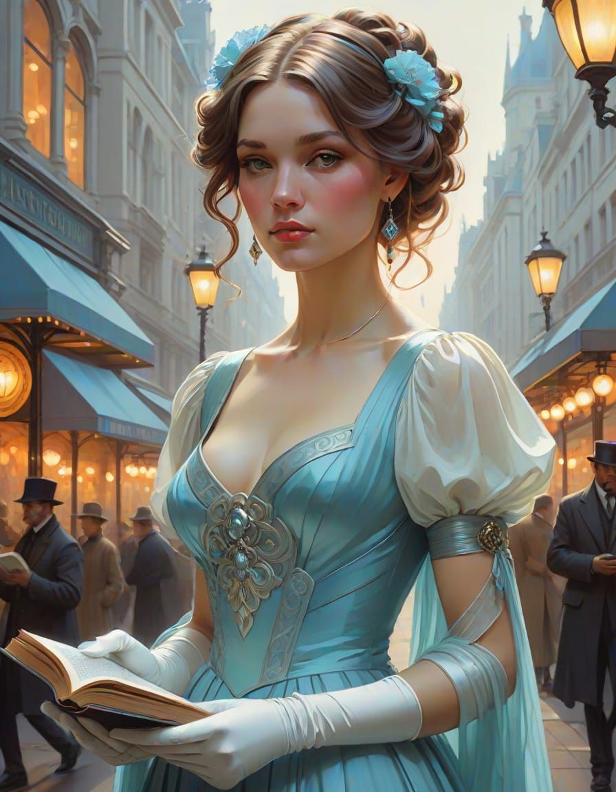 Art Nouveau Woman Reading in London Street