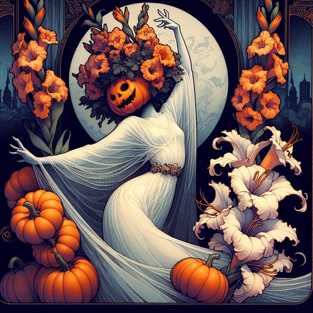 Art Nouveau Halloween Ghost with Gladiolus Bouquet