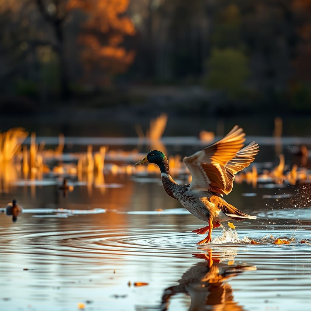 Duck Landing on Pond at Sunset in Autumn