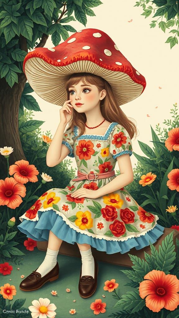 Alice in Whimsical Floral Wonderland with Mushroom Crown