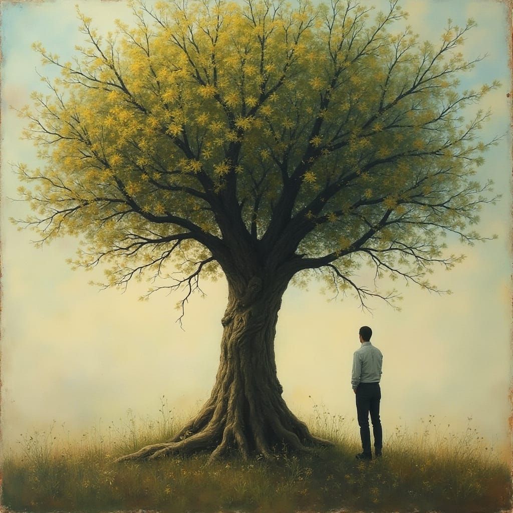 Human Mother and Tree Father in Ethereal Landscape