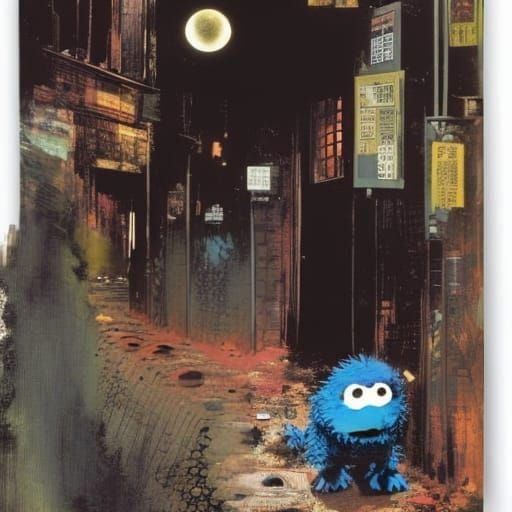 Disturbing Cookie Monster in Alley, Horror Art