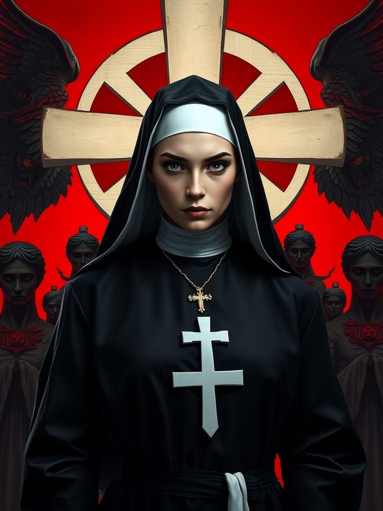 Powerful Nun Portrait with Orthodox Cross in Dark Fantasy St...