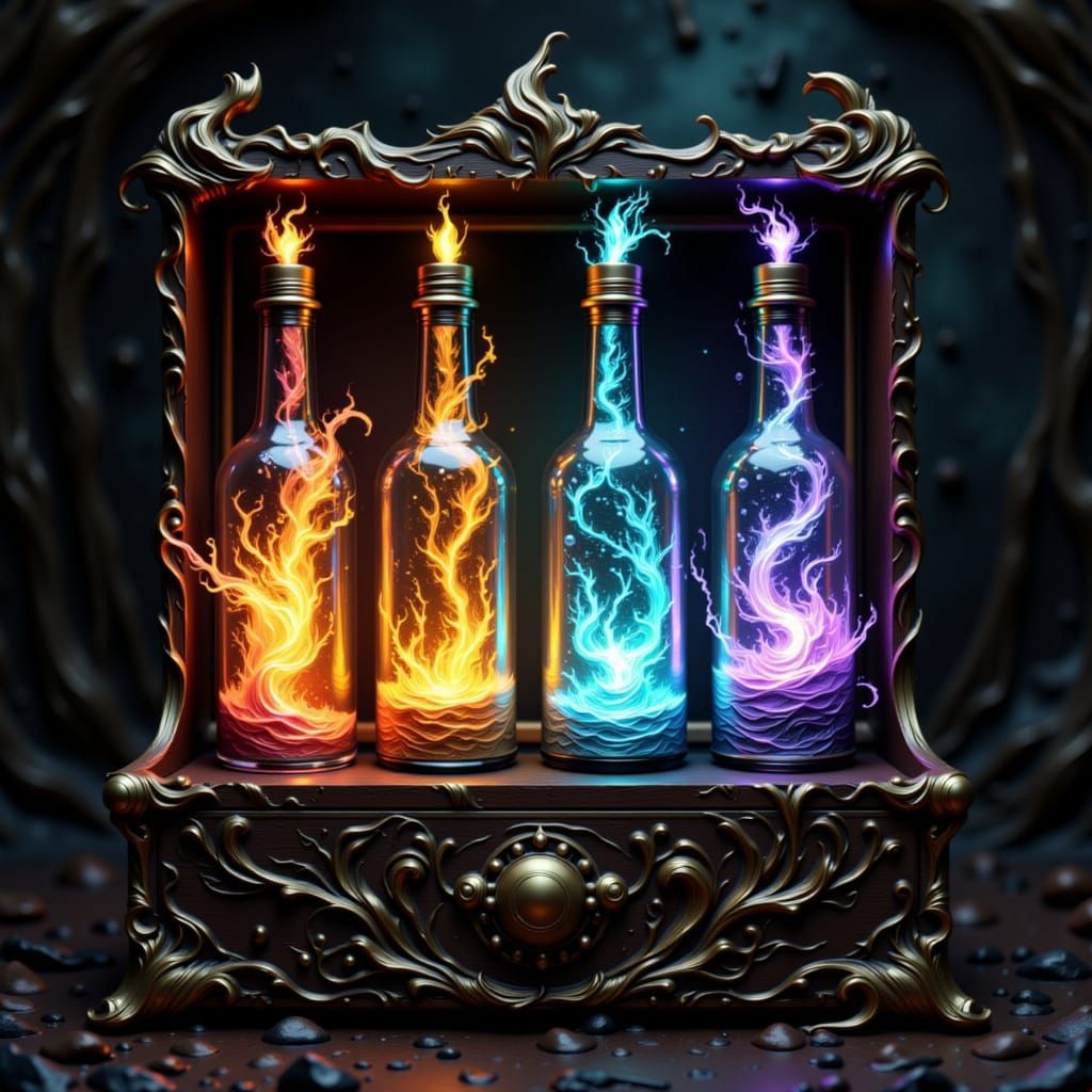 Magical Elemental Forces in Luminous Glass Bottles