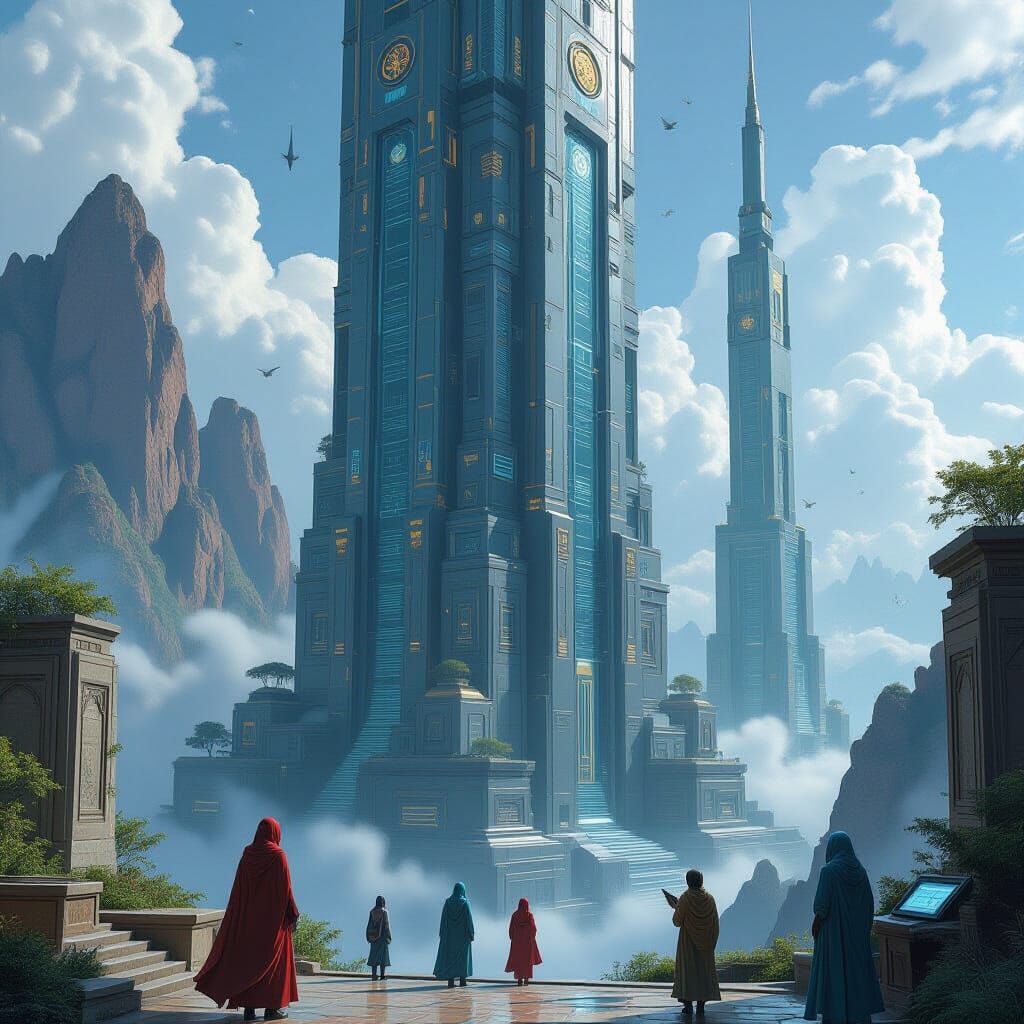 Mystical Tower-Archive with Holo-Terraces in Sci-Fi Style