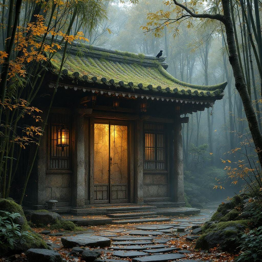 Wabi-Sabi Forest Temple in Autumn, Photorealistic CGI