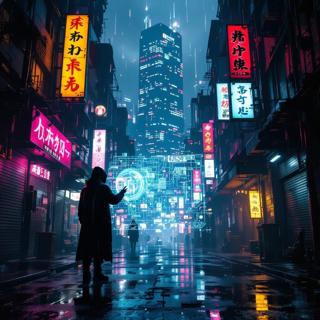 Hacker in Neon Alleyway Interfacing with Holographic Data