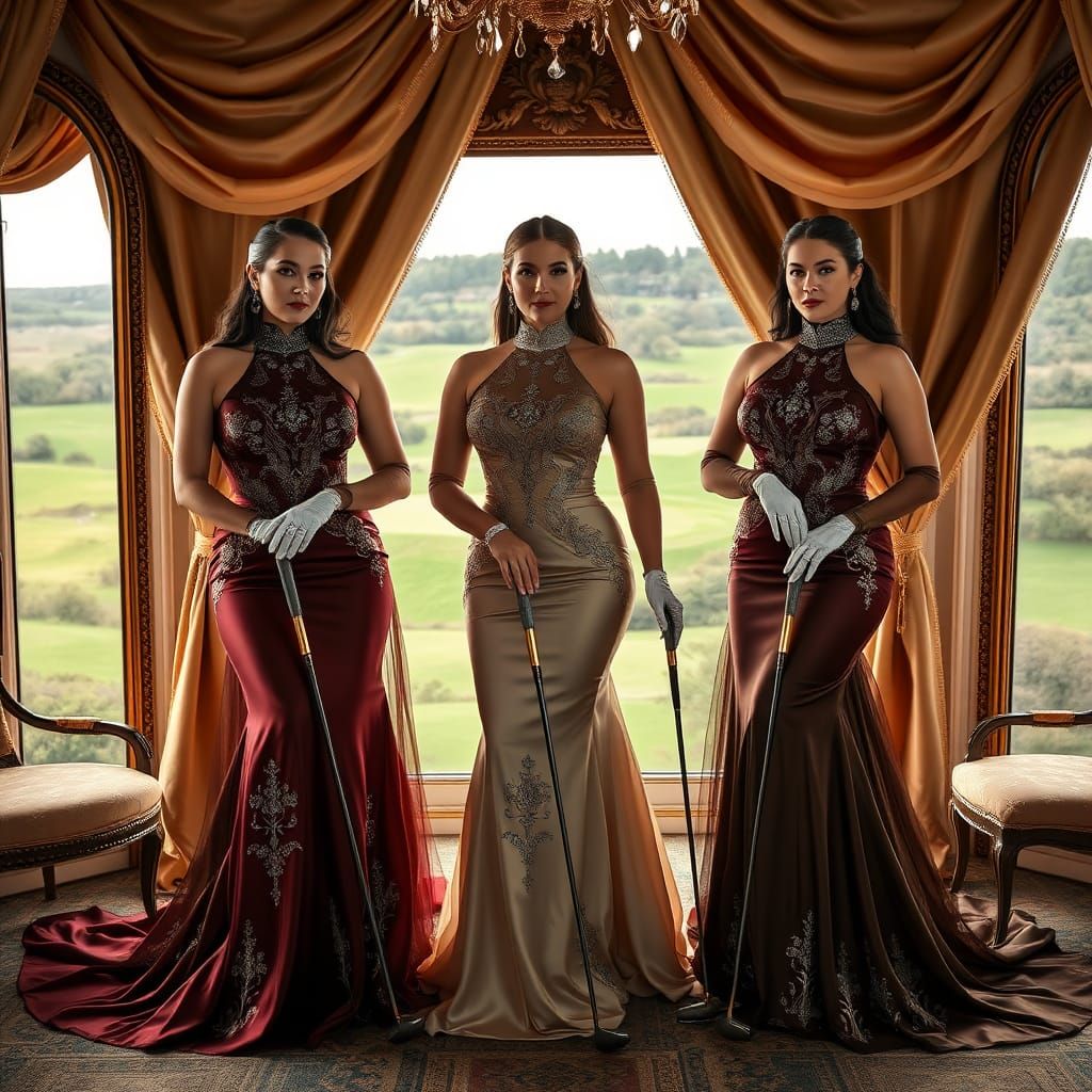 Three curvaceous women, resplendent in opulent, high-neck, l...