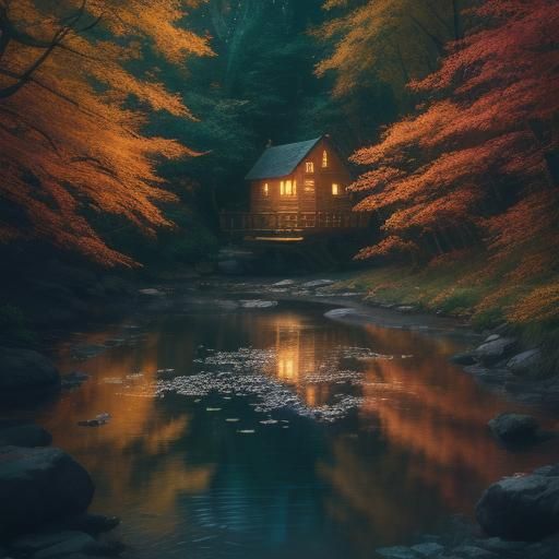 בית קטן על שפת הנחל הזורם ועצים מללבים בצבעים נועזים ואור הלבנה עם כוכבים מאירים
4