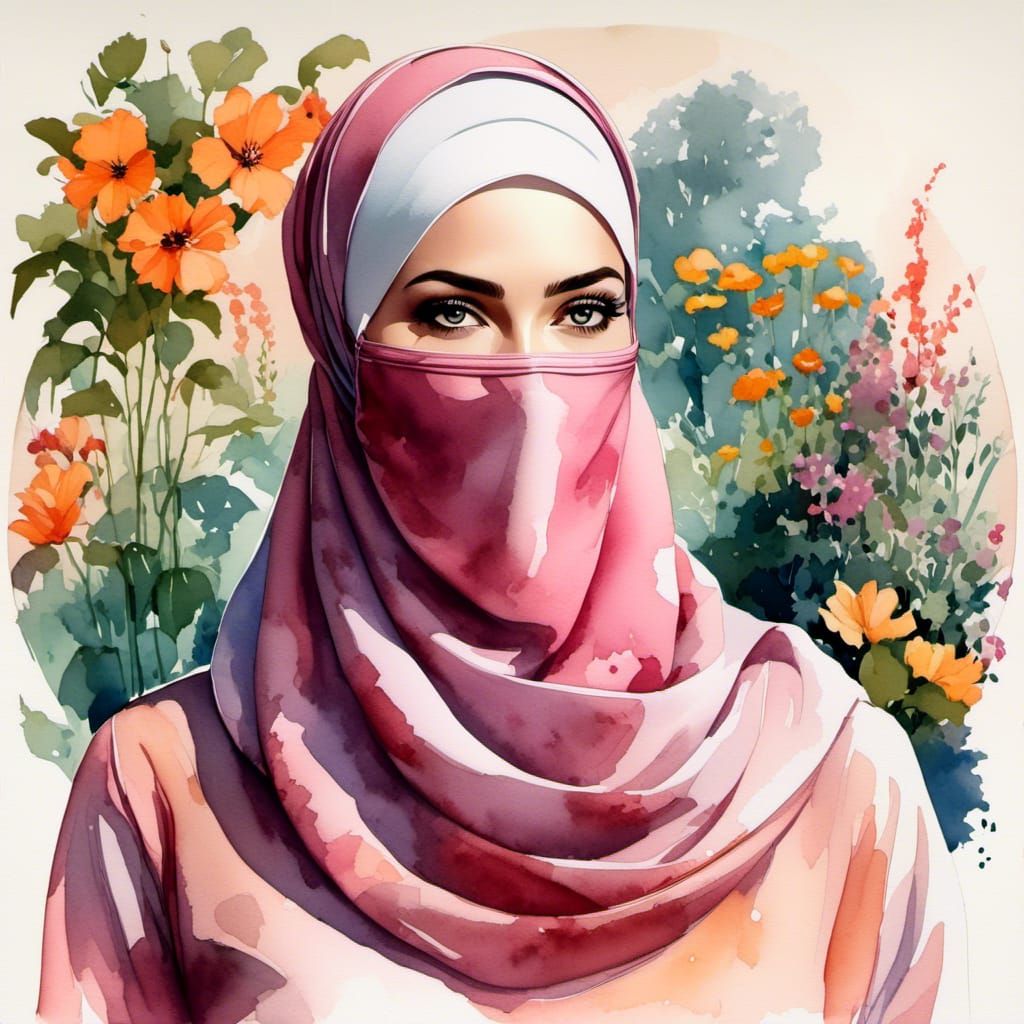 Stylish Hijabi Woman in Botanic Garden Watercolor Portrait