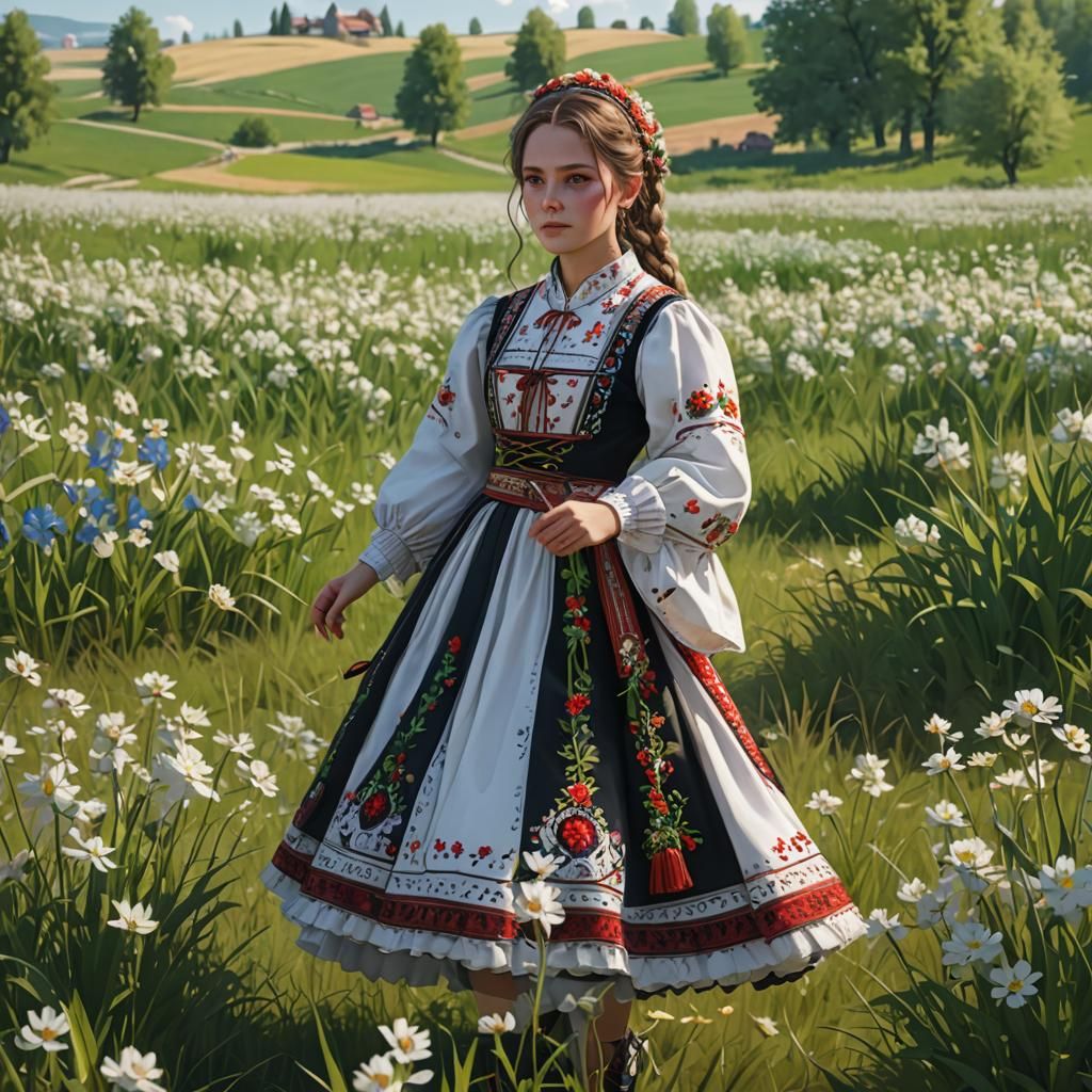 Hungarian Woman in Spring Field: 3D Anime Art