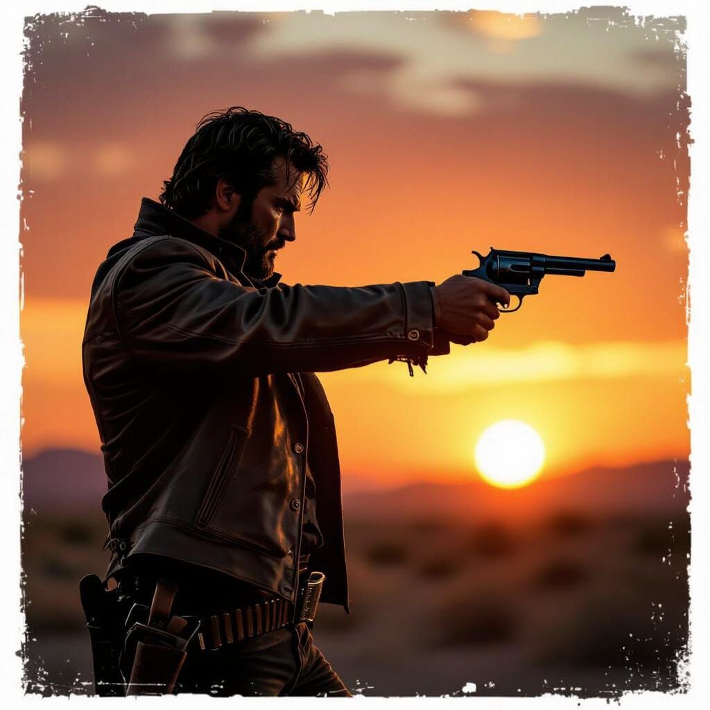 Man Aims Vintage Revolver at Fiery Sunset