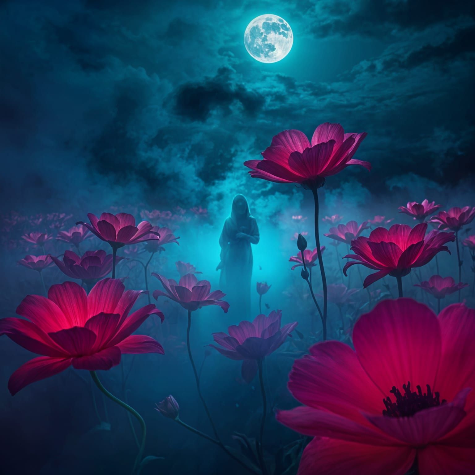 Figure Dissolving in Ethereal Flowers Under Spooky Moonlight