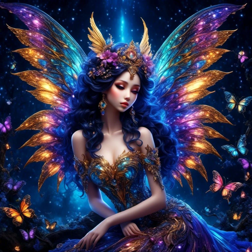 Beautiful Fairy with Sparkling Wings in Mystical Forest