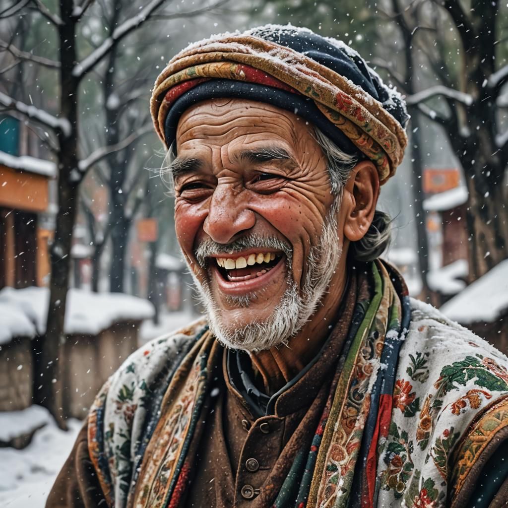 Laughing Old Man in Traditional Kashmiri Dress