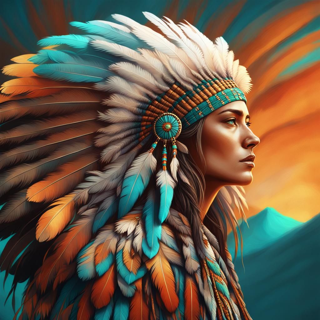 Proud Woman with Eagle Feathers: 3D Digital Art