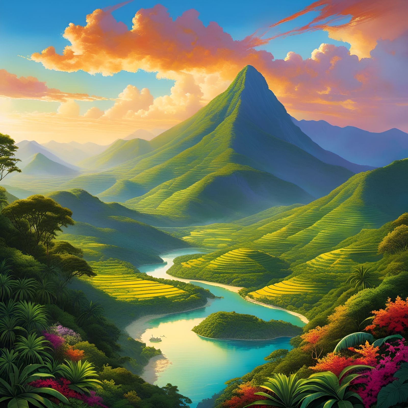 Watercolor Jamaican Countryside Landscape Illustration