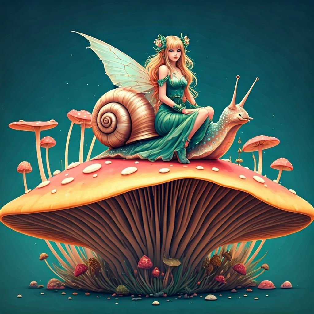 Fairy Riding Snail on Giant Mushroom