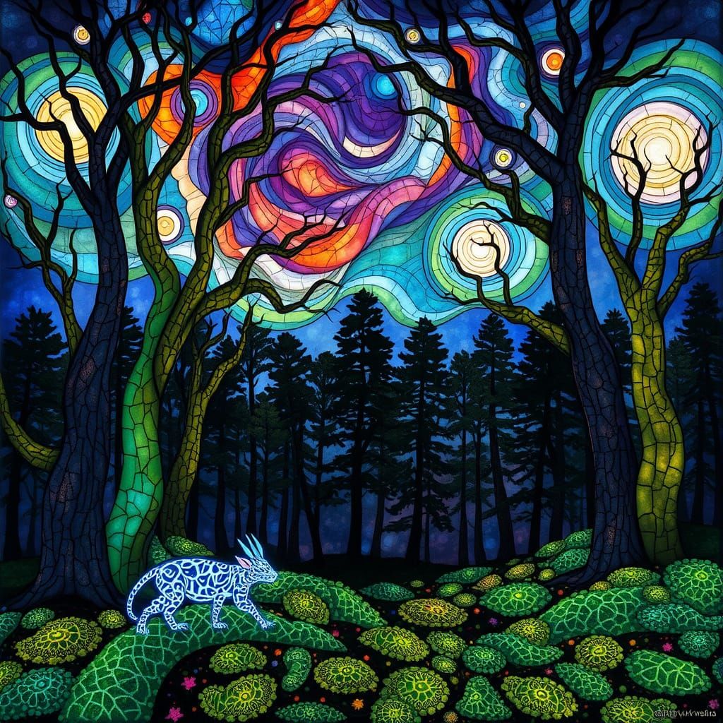 Stained Glass Forest Glade with Bioluminescent Moss