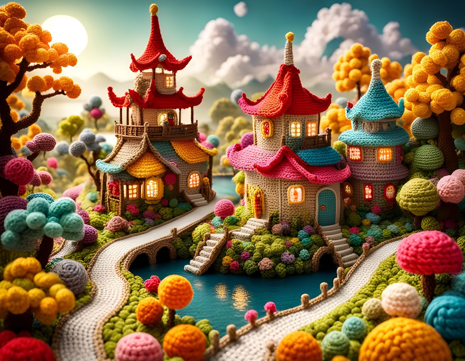 Colorful Crochet Chinese Fantasy Village in 3D