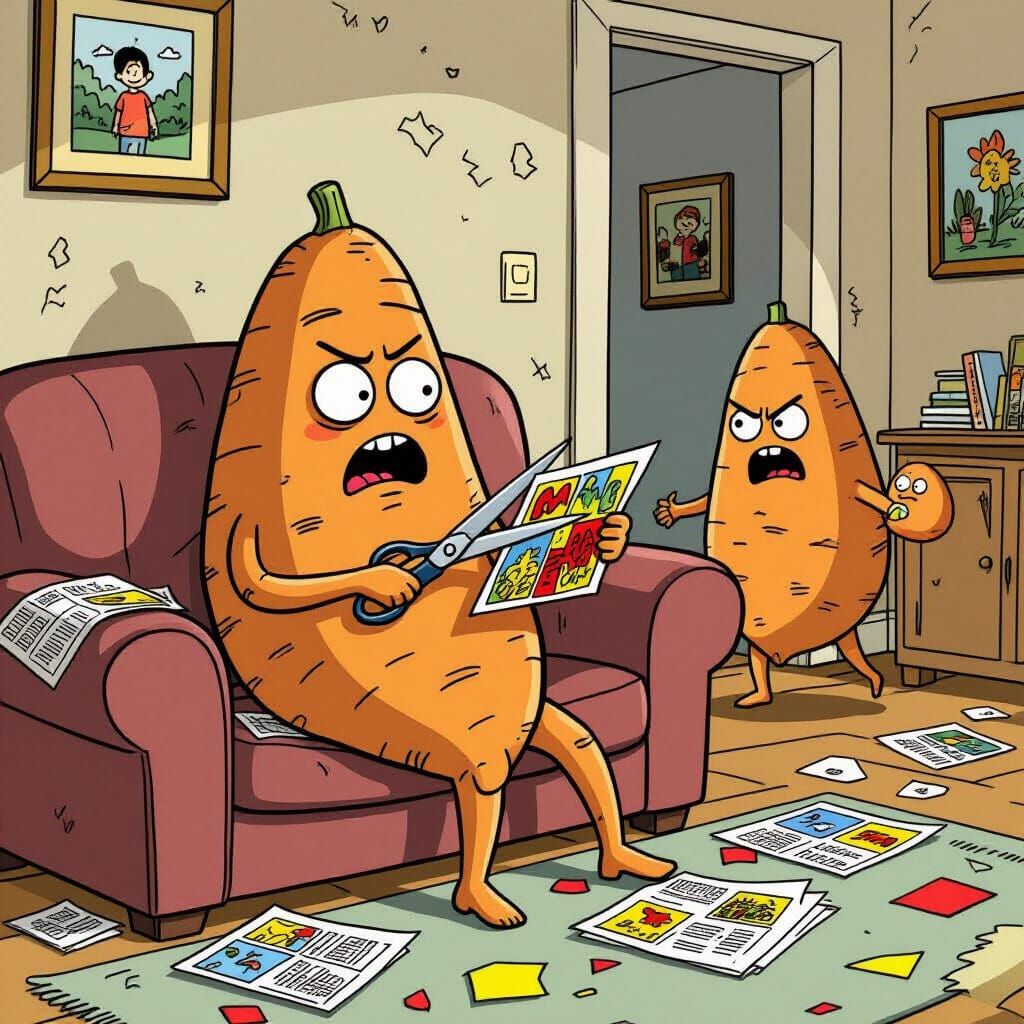 Tired Sweet Potato Crafts on Messy Couch in Comic Style