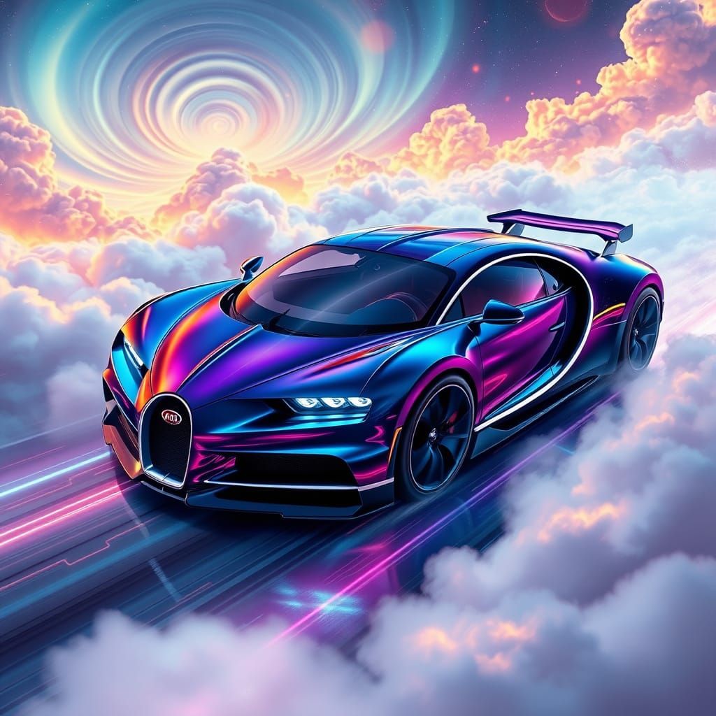 Sleek Hyper-Futuristic Bugatti Speeds Through Dreamlike Real...