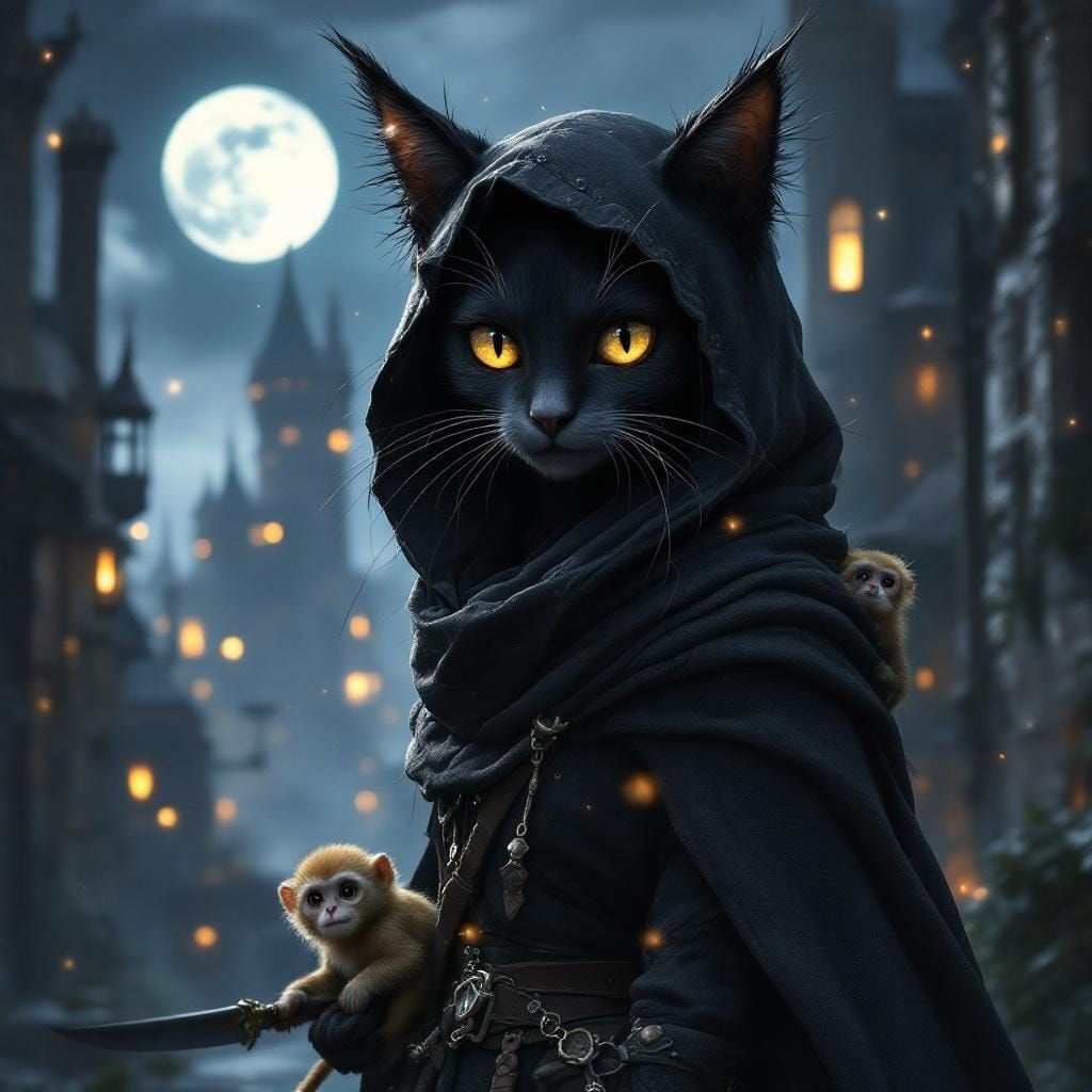 Feline Thief and Monkey in Medieval Cityscape