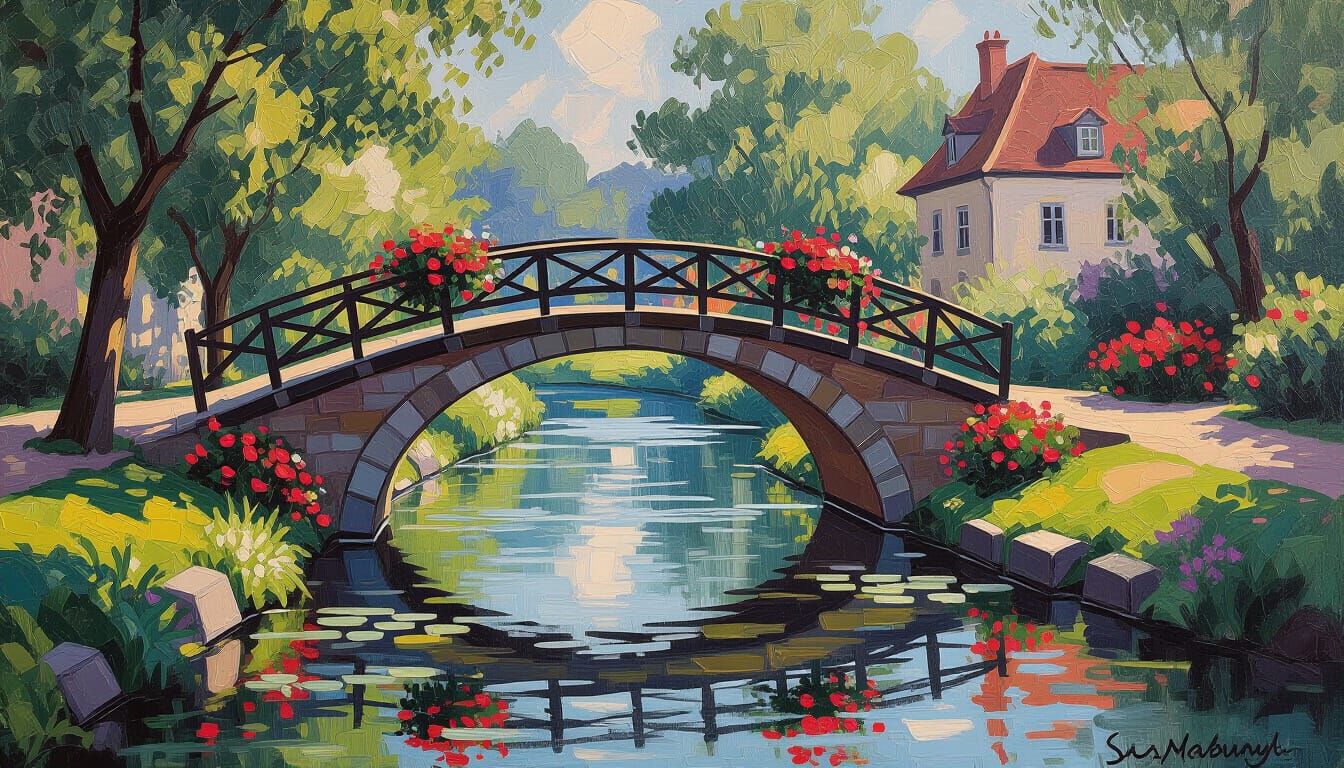 Impressionist Bridge Over Stream in Floral Landscape