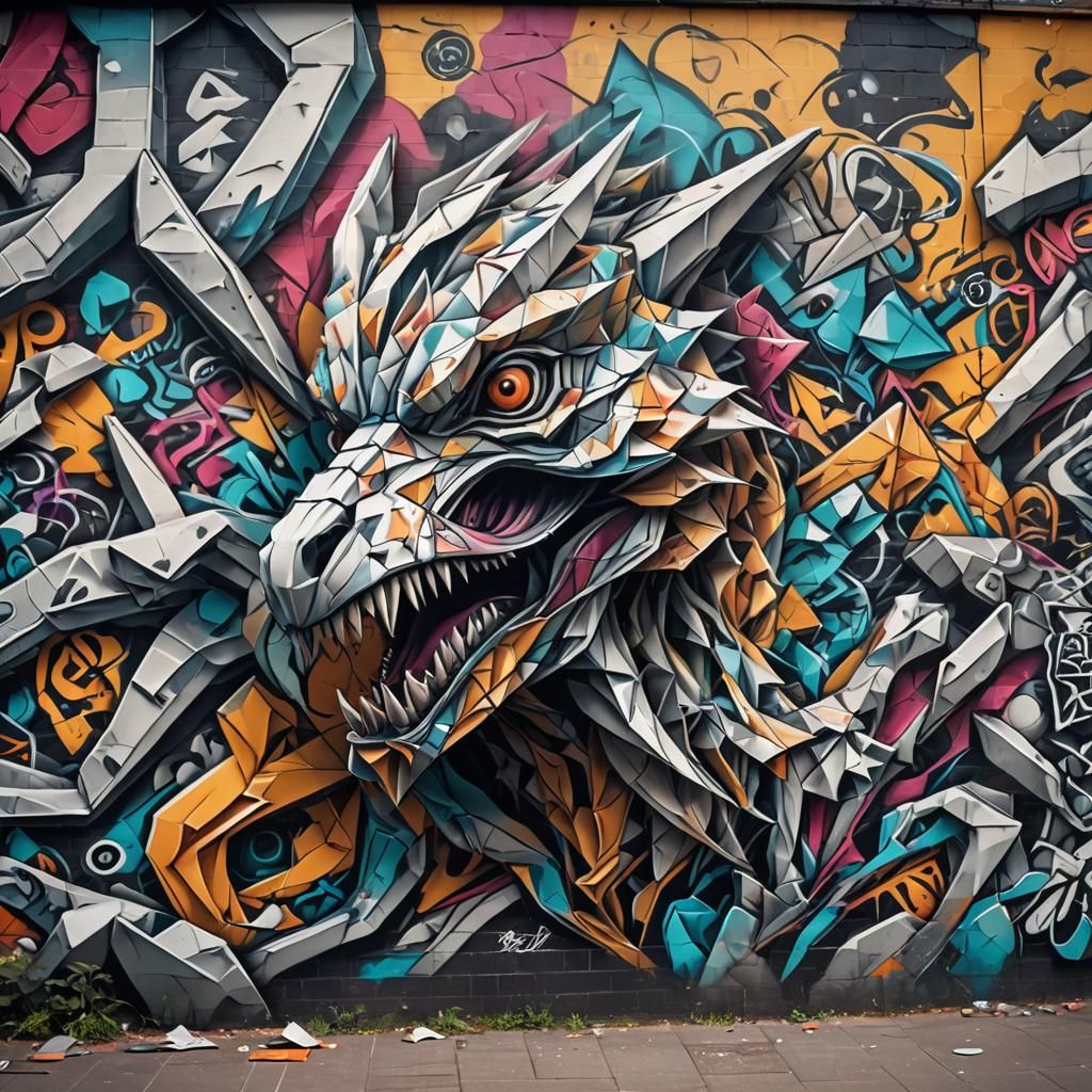 Hyperrealistic Origami Graffiti Street Art in HDR