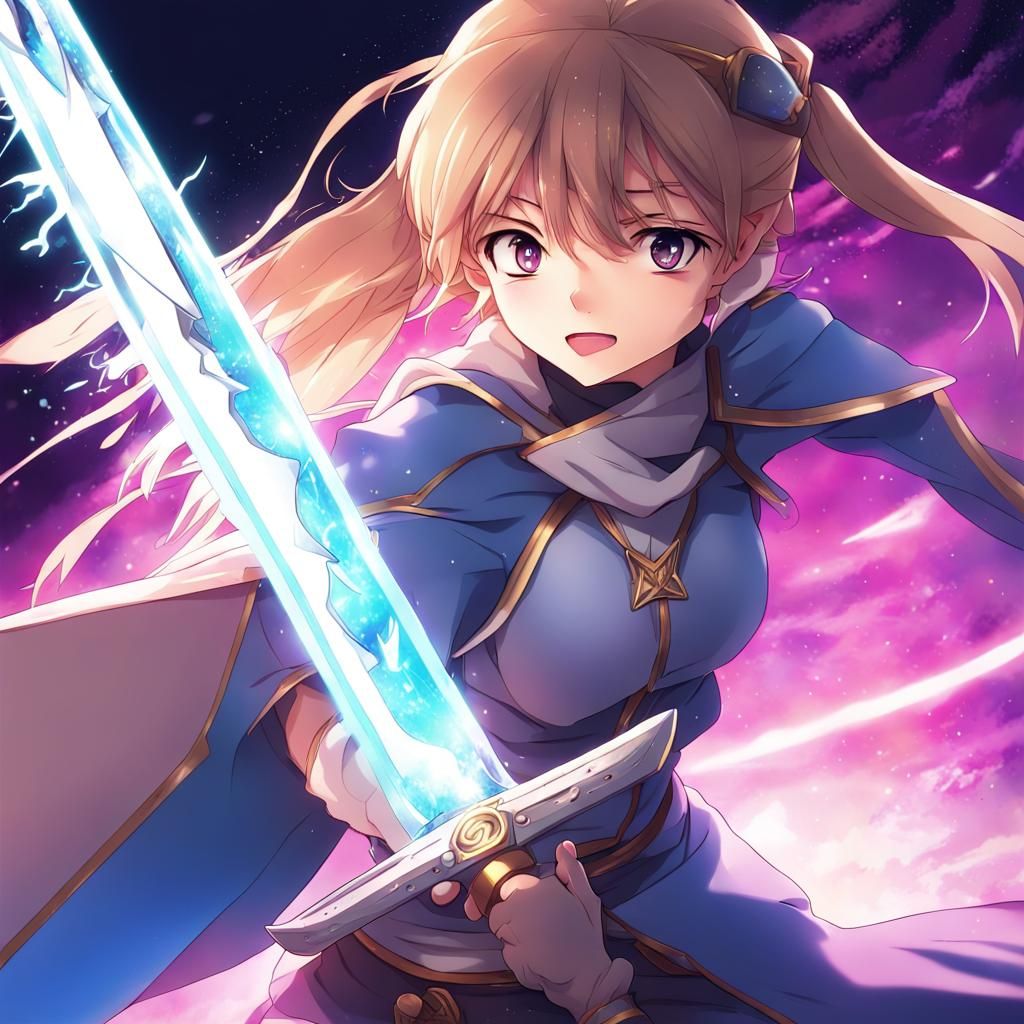 Anime Warrior Pushing Ahead with Glowing Magic Blade