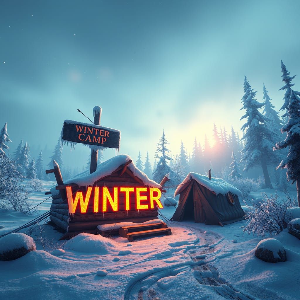 Surreal Winter Camp Scene in Detailed Matte Painting Style