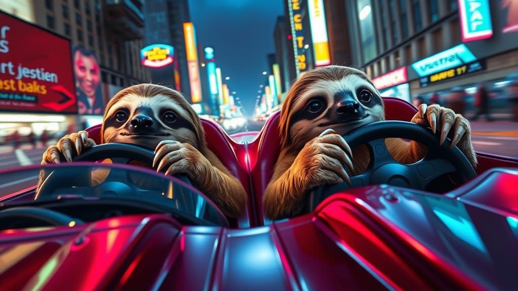 Sloths Drive Sports Cars in Neon City Digital Painting