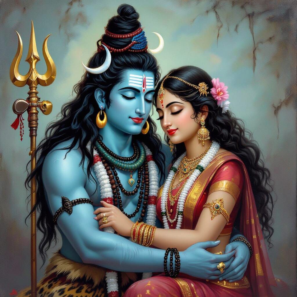 Lord Shiva and Goddess Parvati Embrace Oil Painting