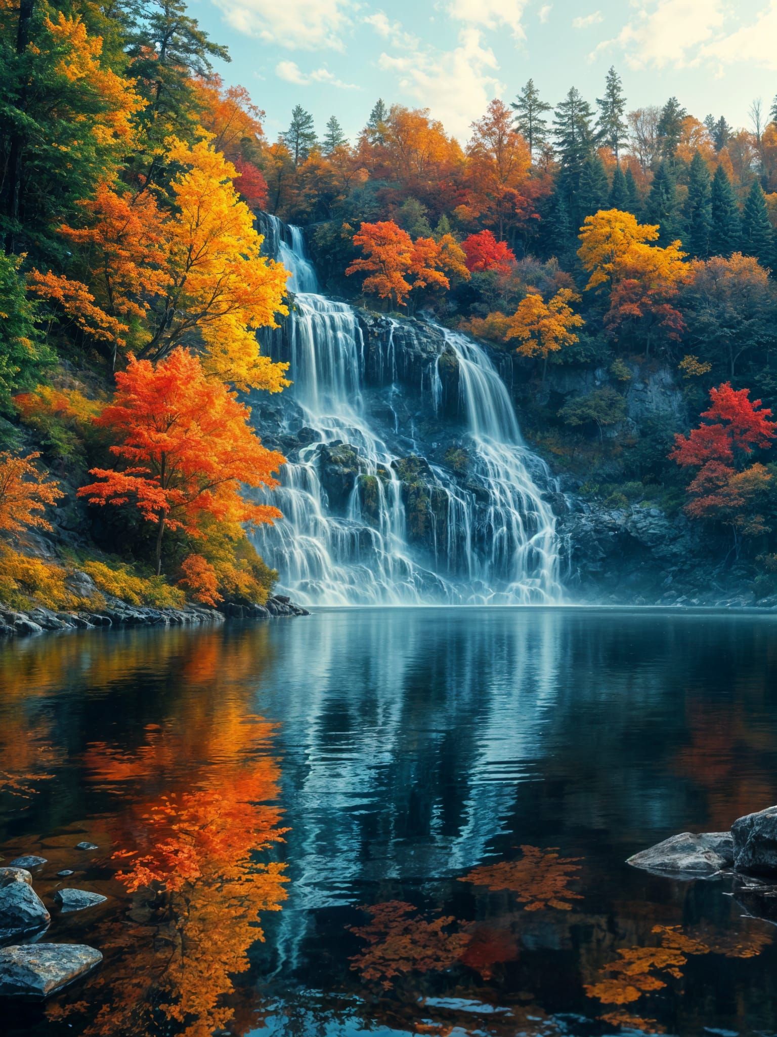 Autumn Waterfall Reflecting Vivid Colors