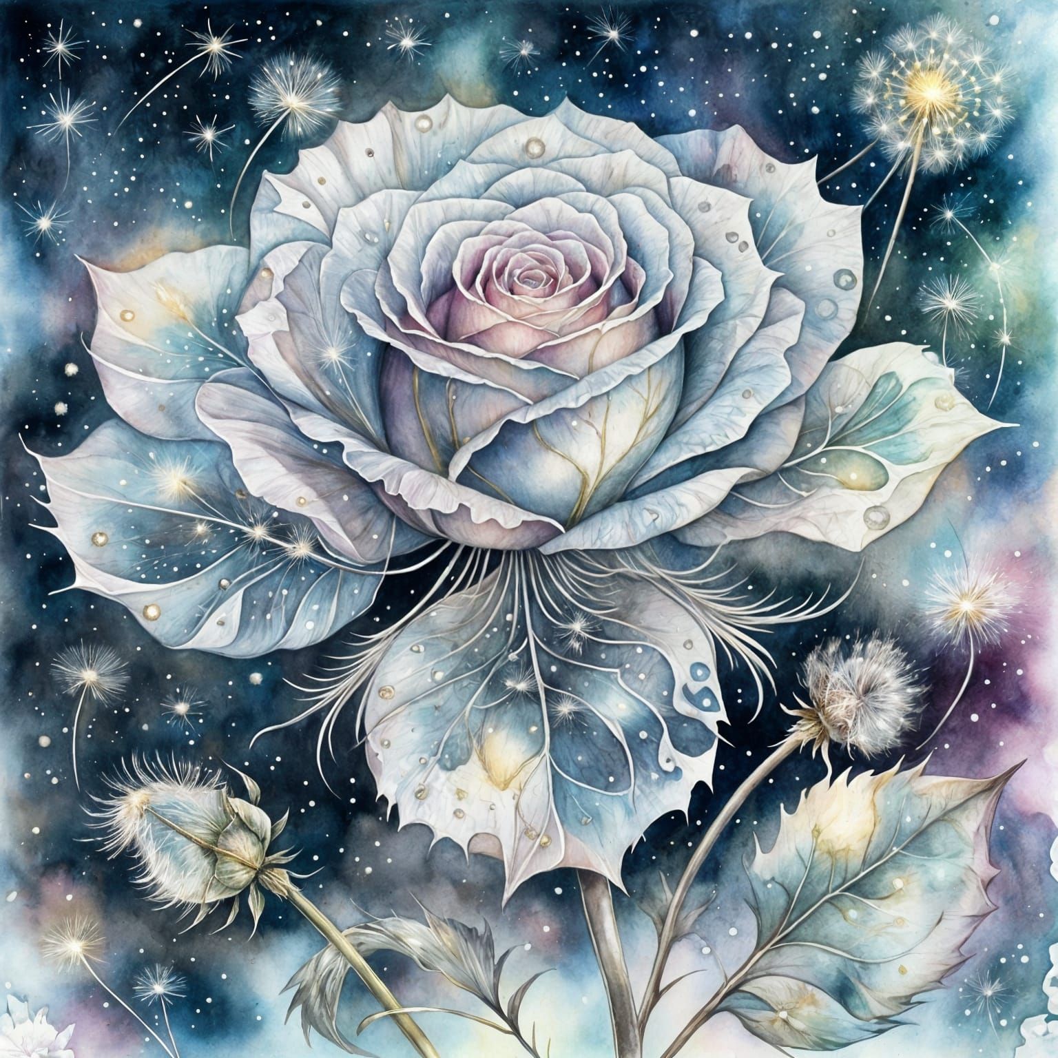 Silver Rose Metamorphosis: Vintage Watercolor Fantasy