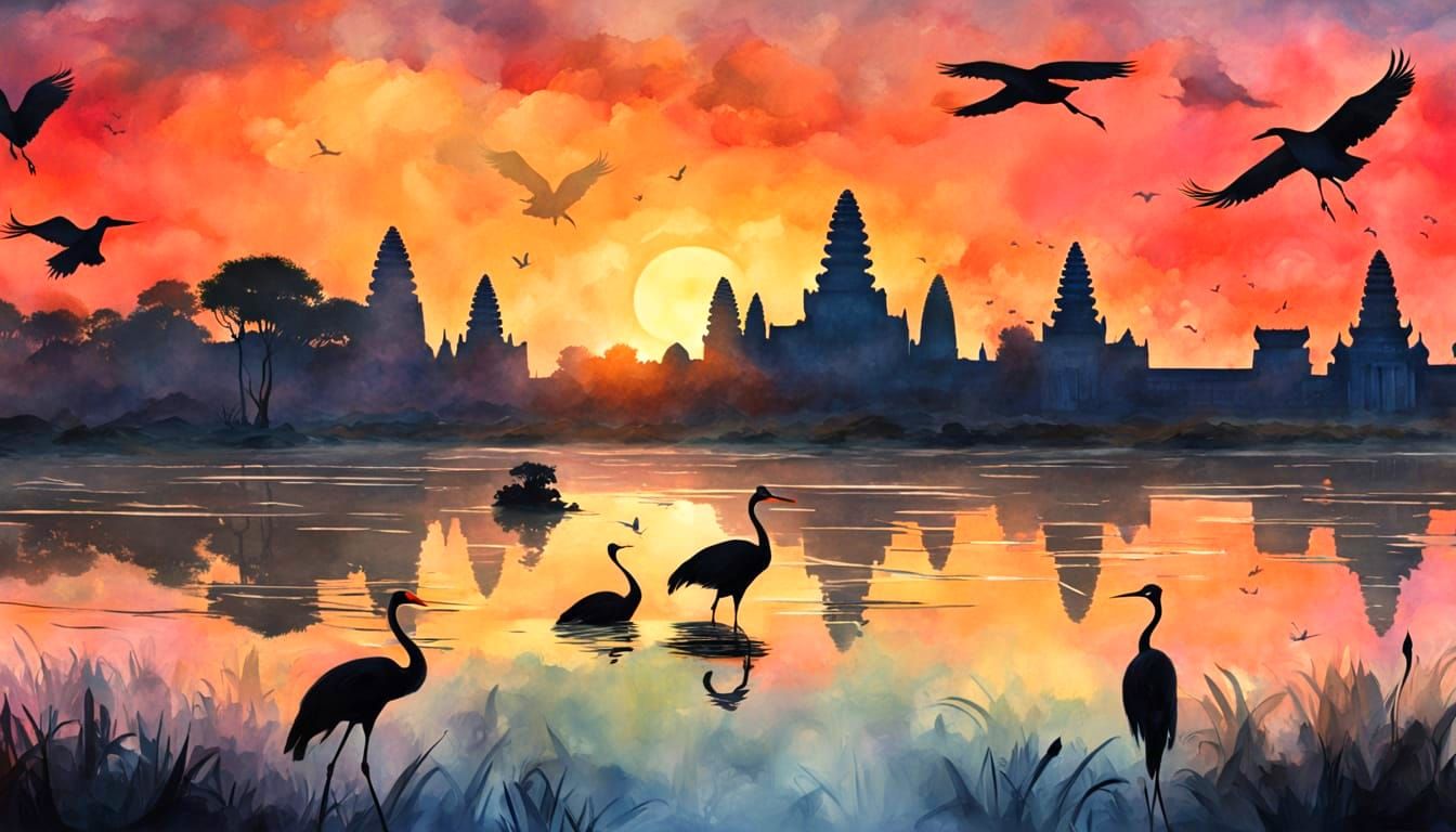 Cambodian Cranes at Sunset in Watercolor Style