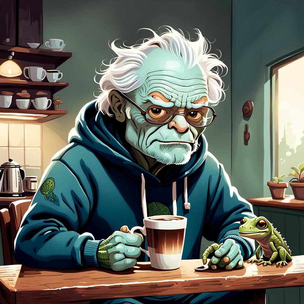 Whimsical Cartoon: Grumpy Man and Gecko Have Coffee